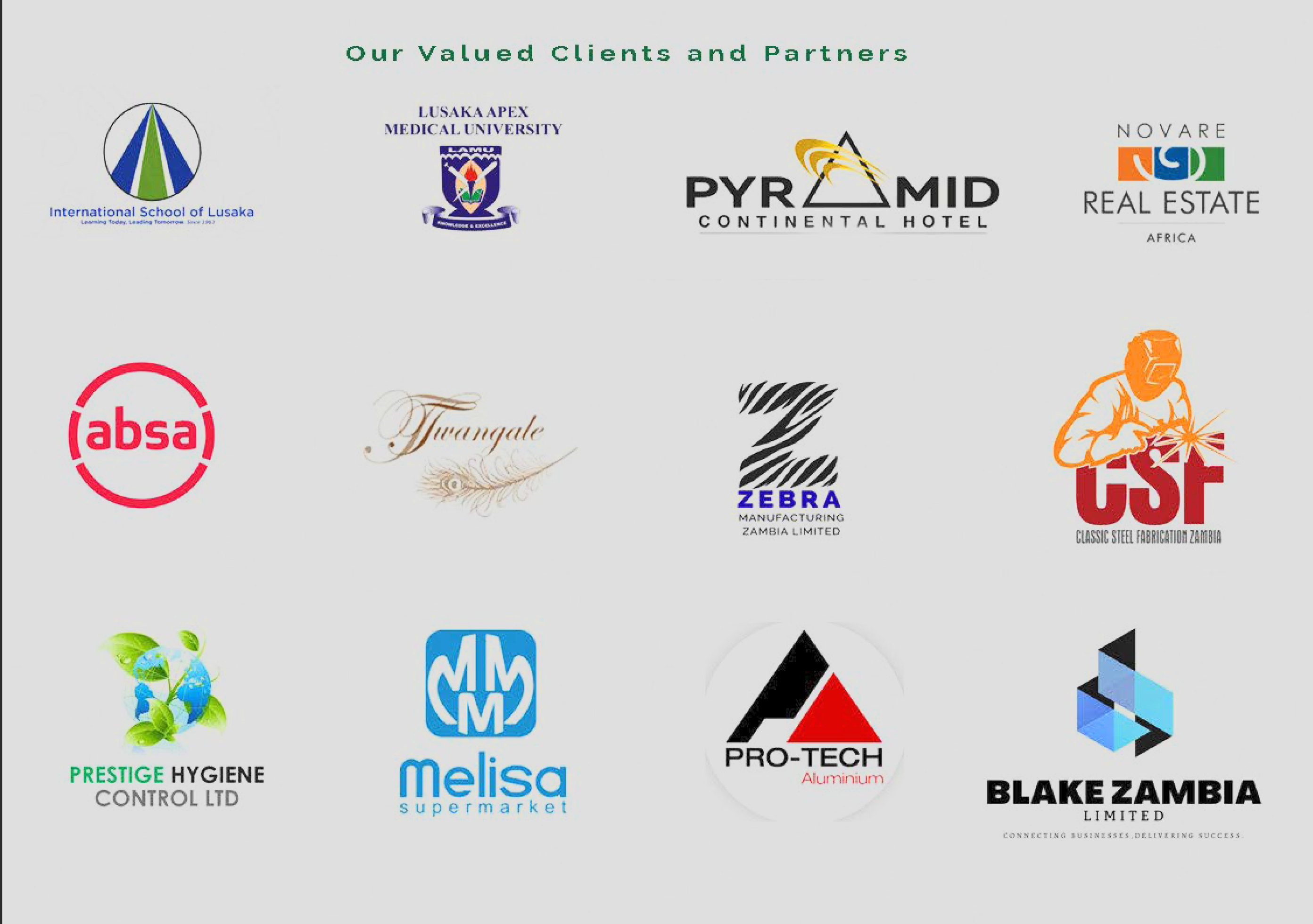 Selected Transcend clients and partners including International School of Lusaka, Lusaka Apex Medical University, Pyramid Continental Hotel, Novare, ABSA, Zebra Manufacturing, Melissa Supermarket and others