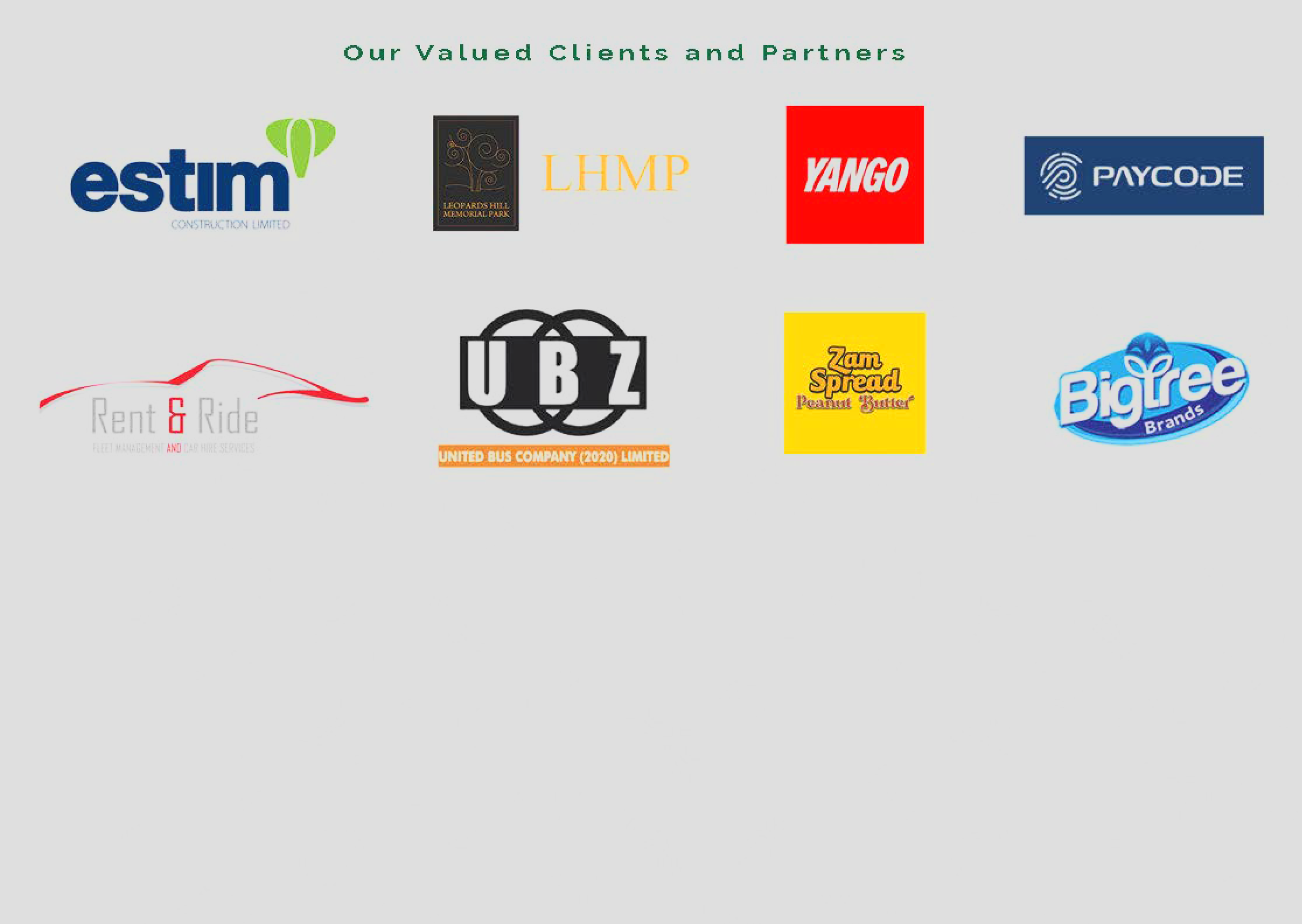 Selected Transcend clients and partners including Estim Construction, Leopards Hill Memorial Park, Yango, Paycode, United Bus Company, ZamSpread and Big Tree Brands