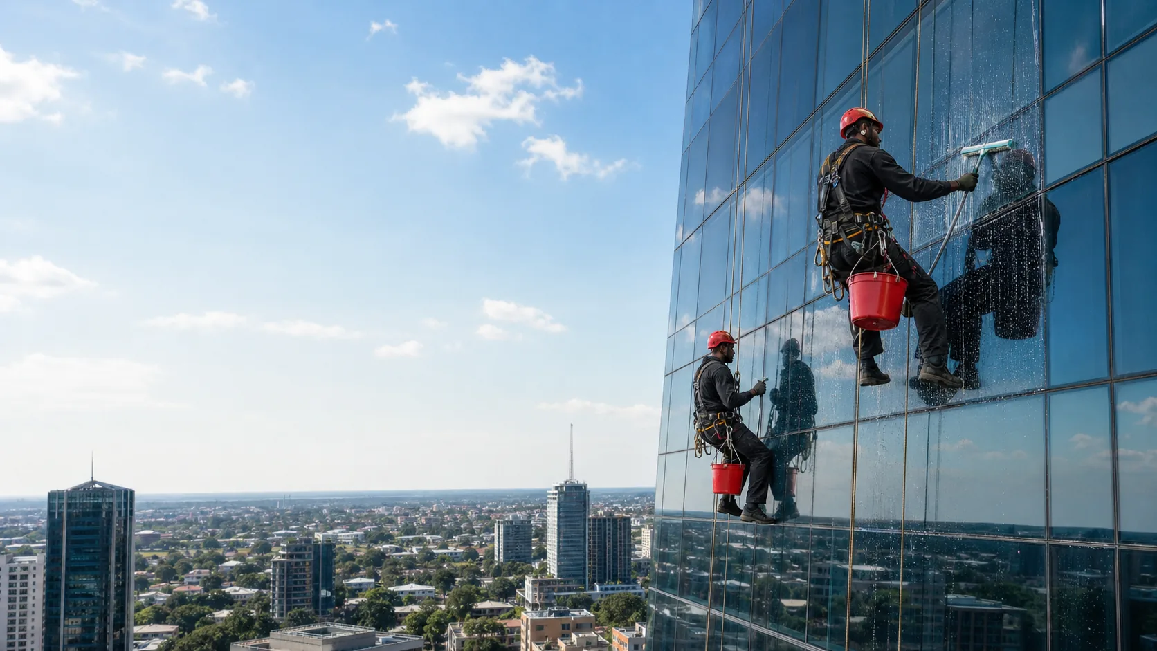 Rope-access façade cleaning team