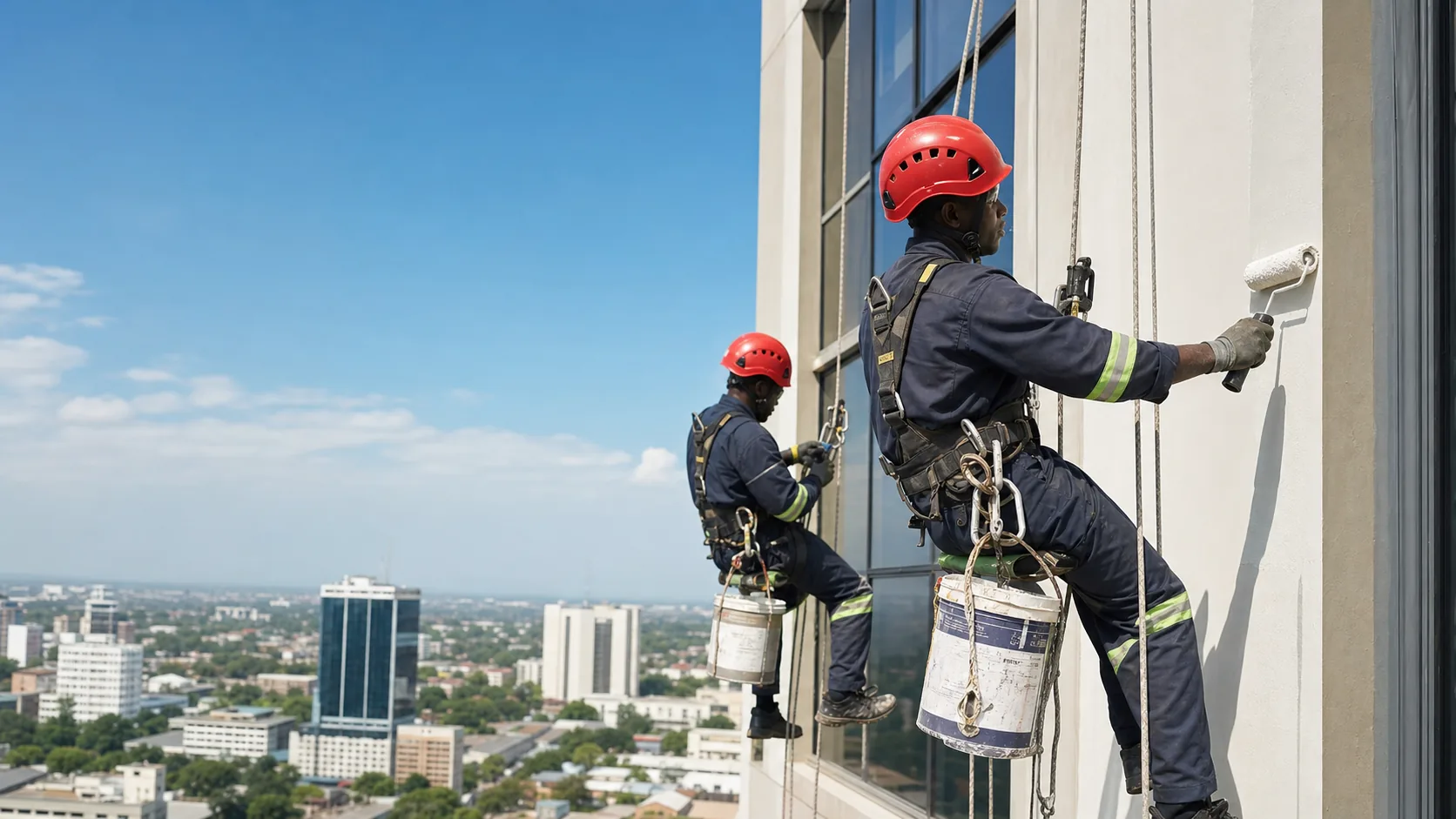 Rope-access technicians carrying out high-level building work