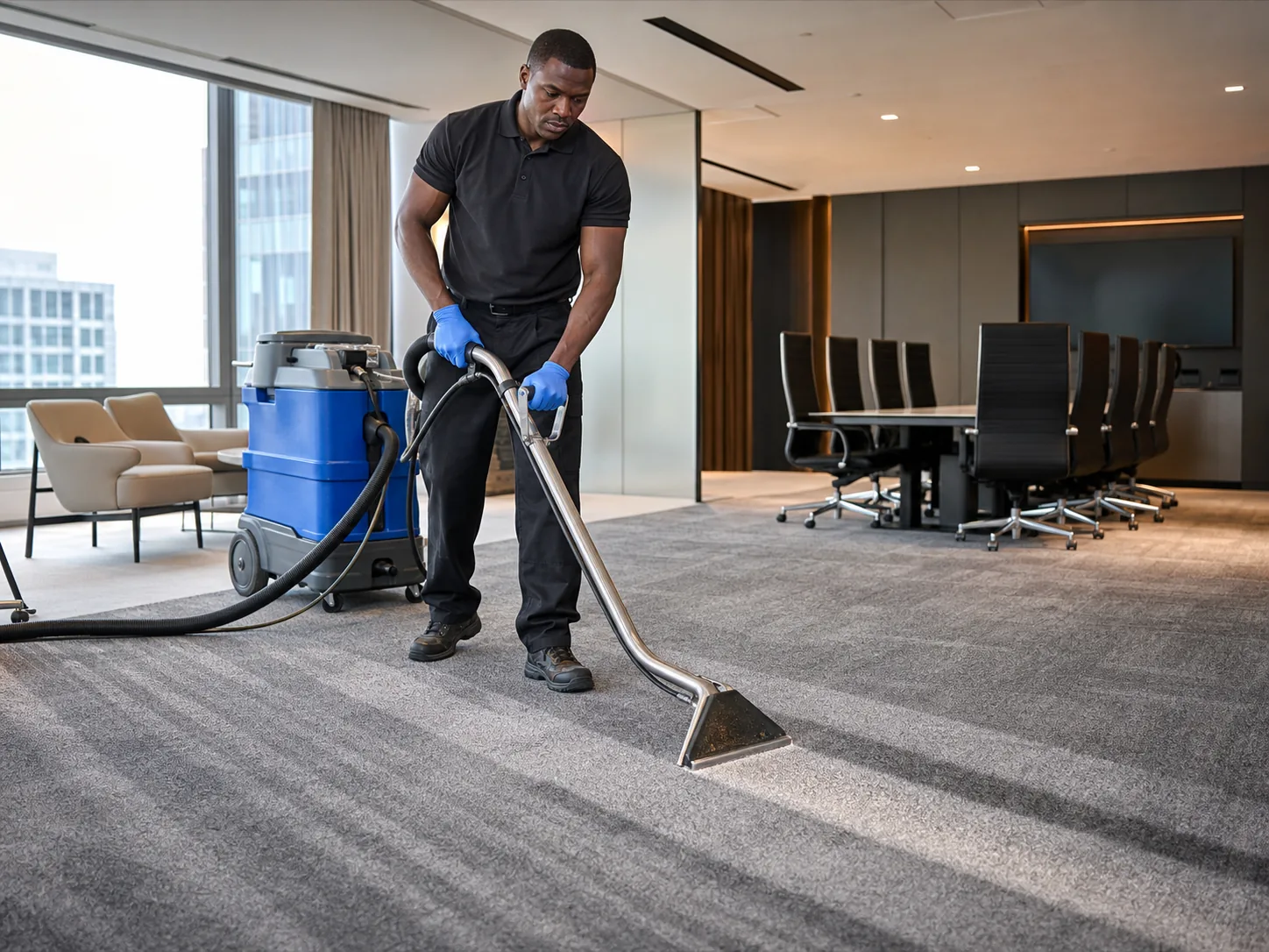 Technician deep-cleaning a commercial carpet