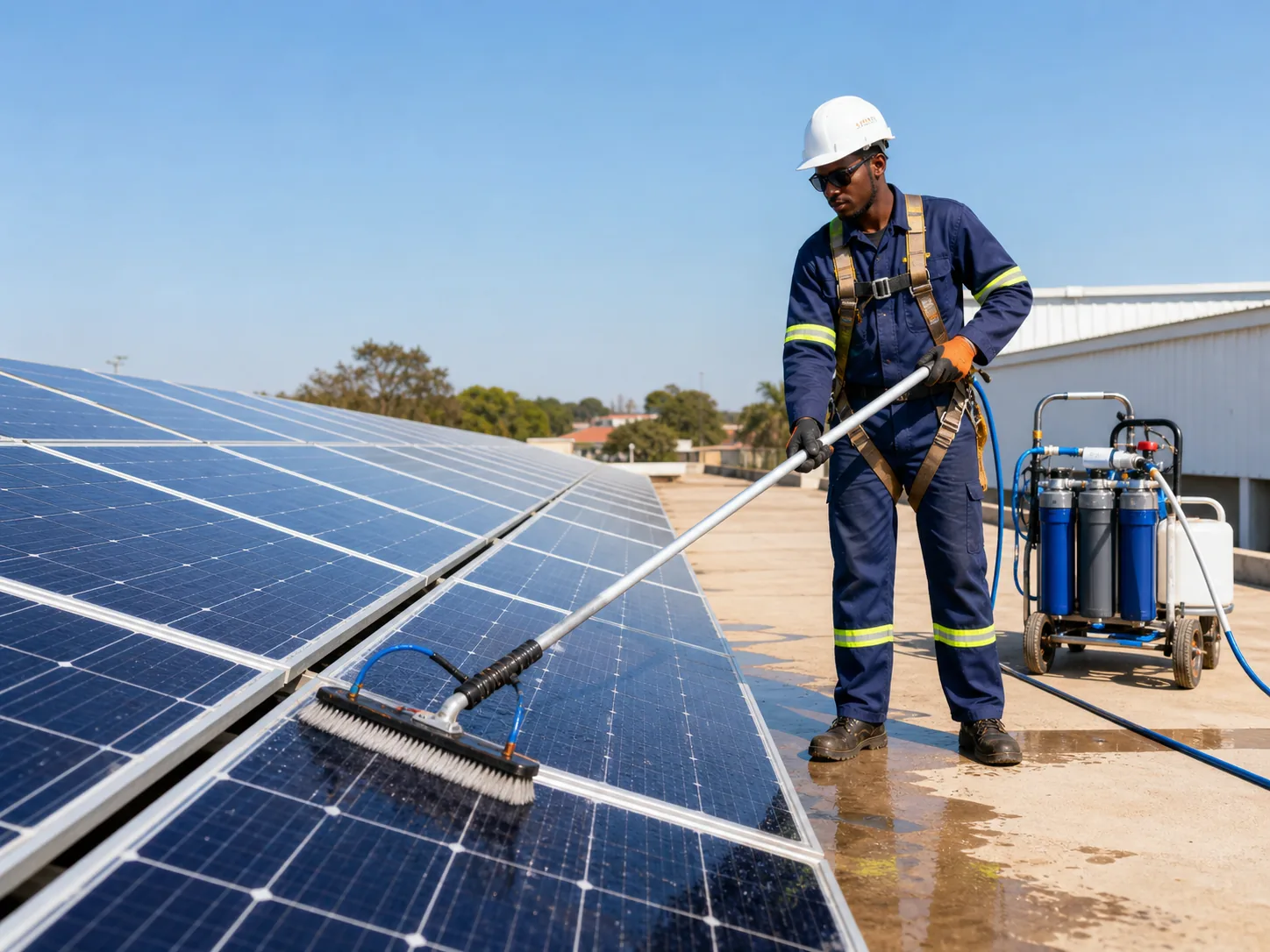 Technician professionally cleaning rooftop solar panels