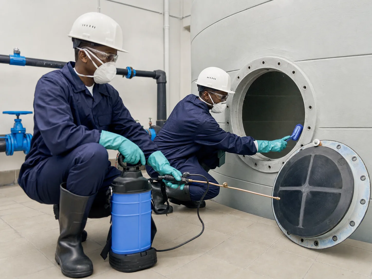 Technicians cleaning a commercial water storage tank