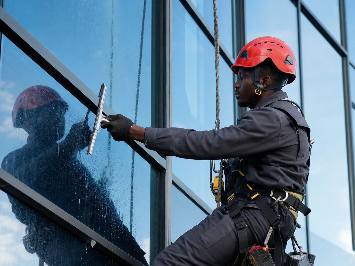 Technician carrying out professional high-rise window cleaning